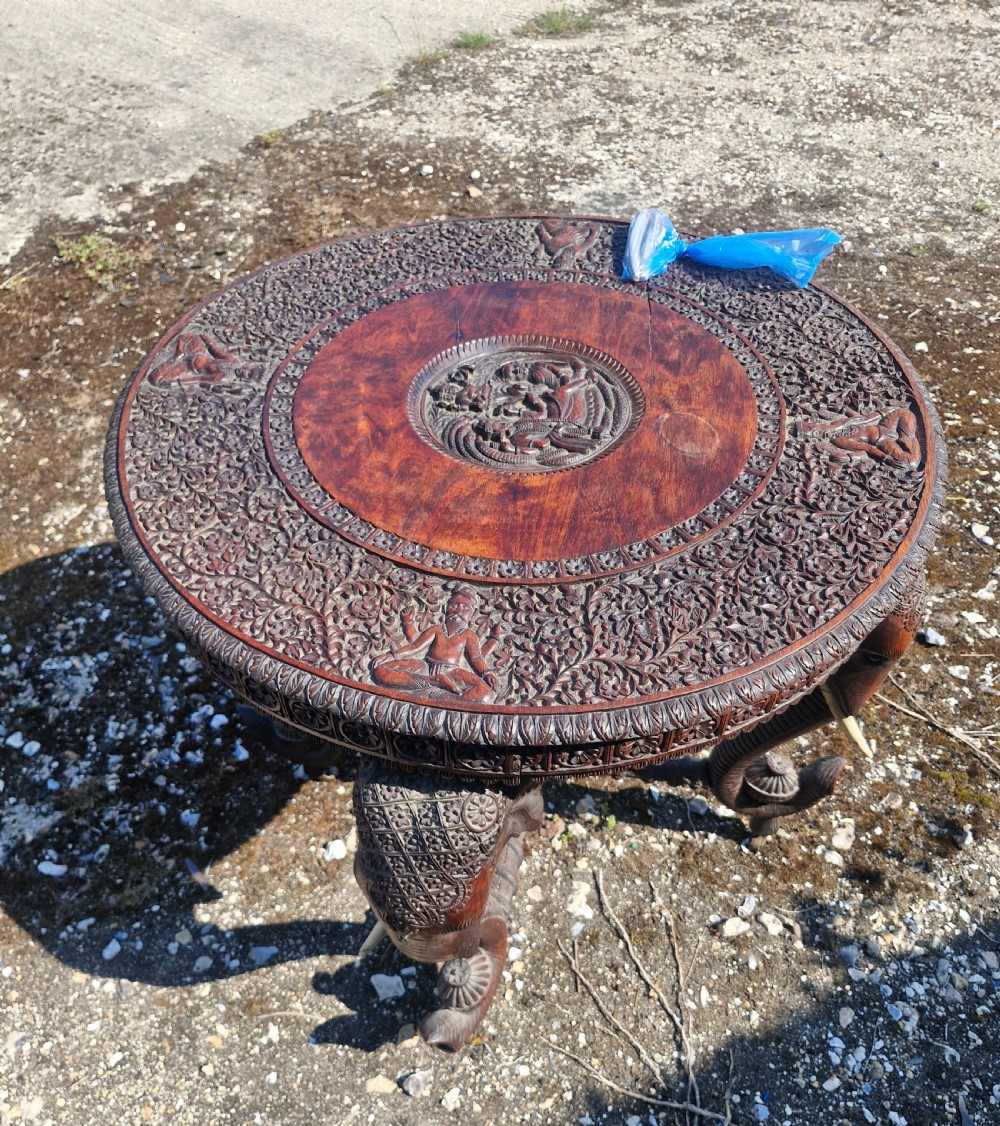 Large Carved Anglo Indian elephant table with wooden tusks. View V