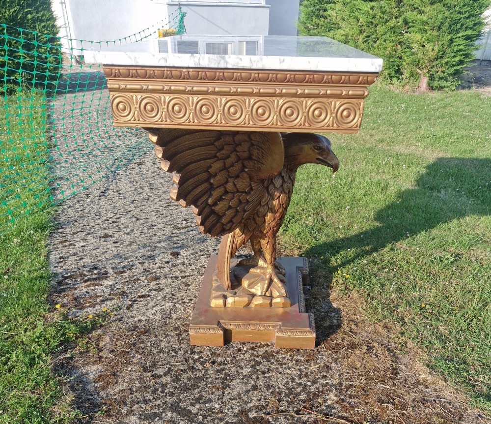 Marble top carved eagle console table. View X
