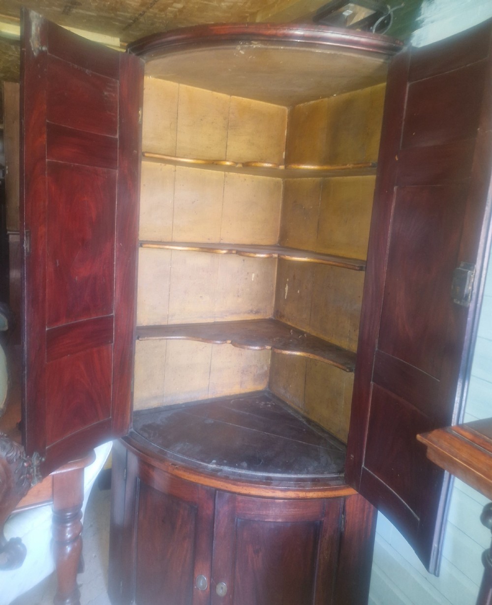 Georgian mahogany 4 door bow fron corner cupboard.  View II