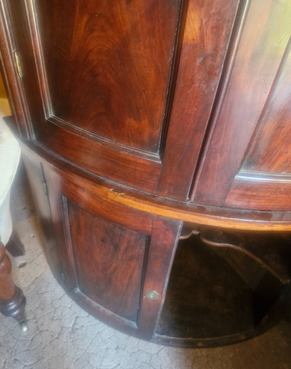 Georgian mahogany 4 door bow fron corner cupboard.  View III