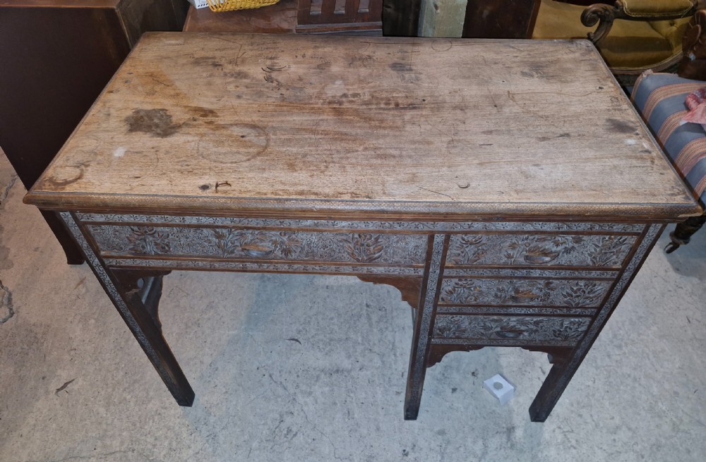 Carved Eastern single pedestal writing desk.  View V