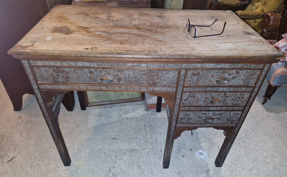 Carved Eastern single pedestal writing desk.  View VII