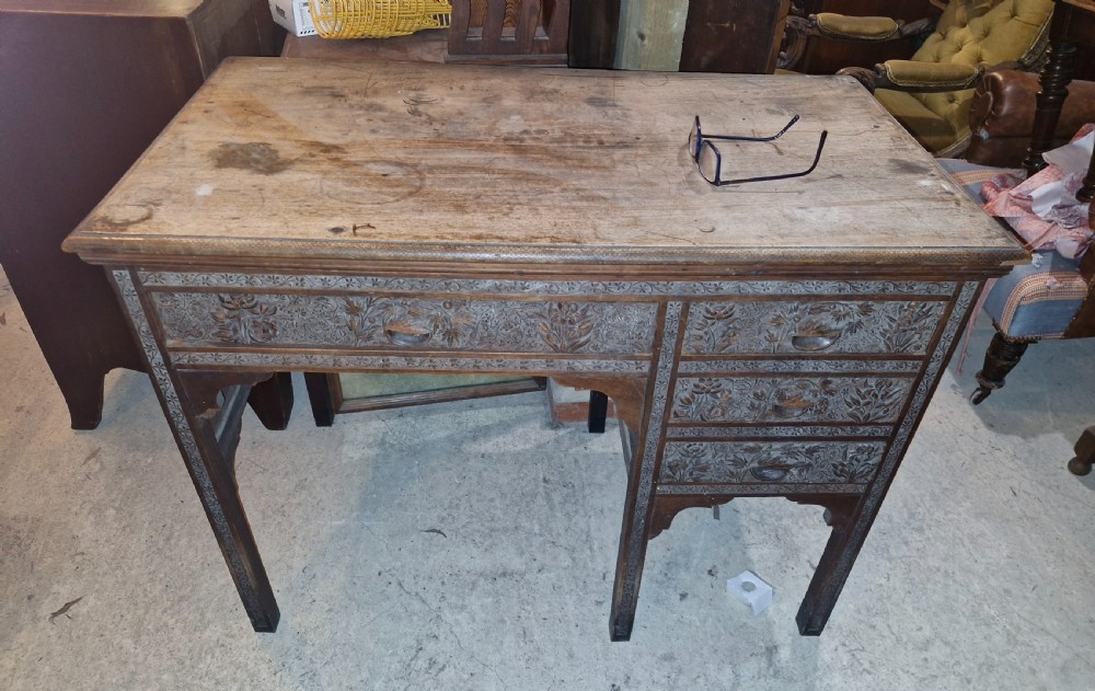 Carved Eastern single pedestal writing desk.  View VIII