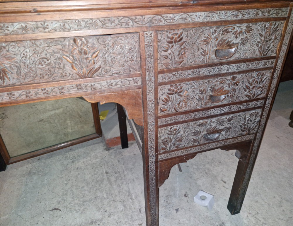 Carved Eastern single pedestal writing desk.  View X