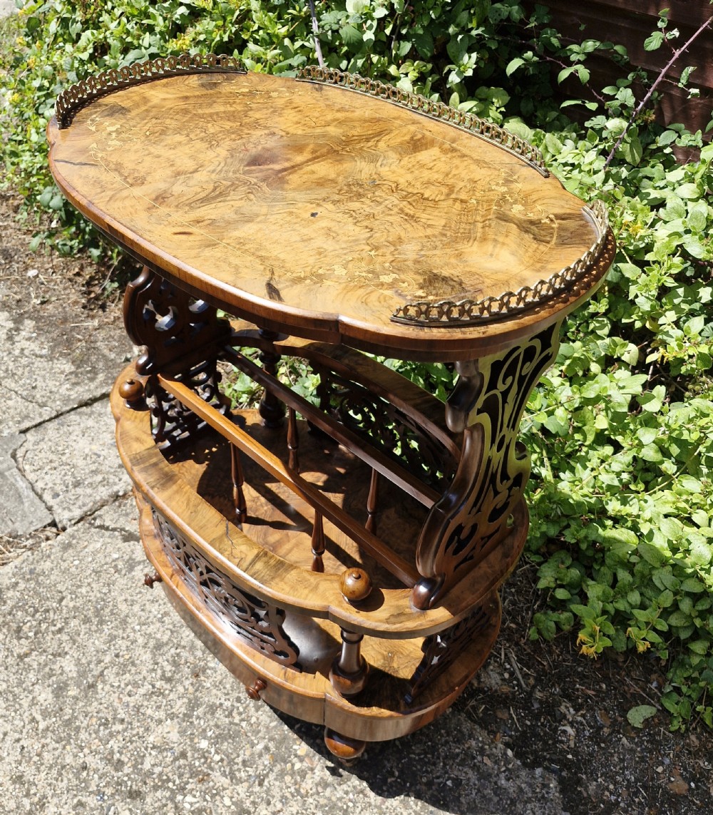 Victorian burr walnut Canterbury. With maker's label.