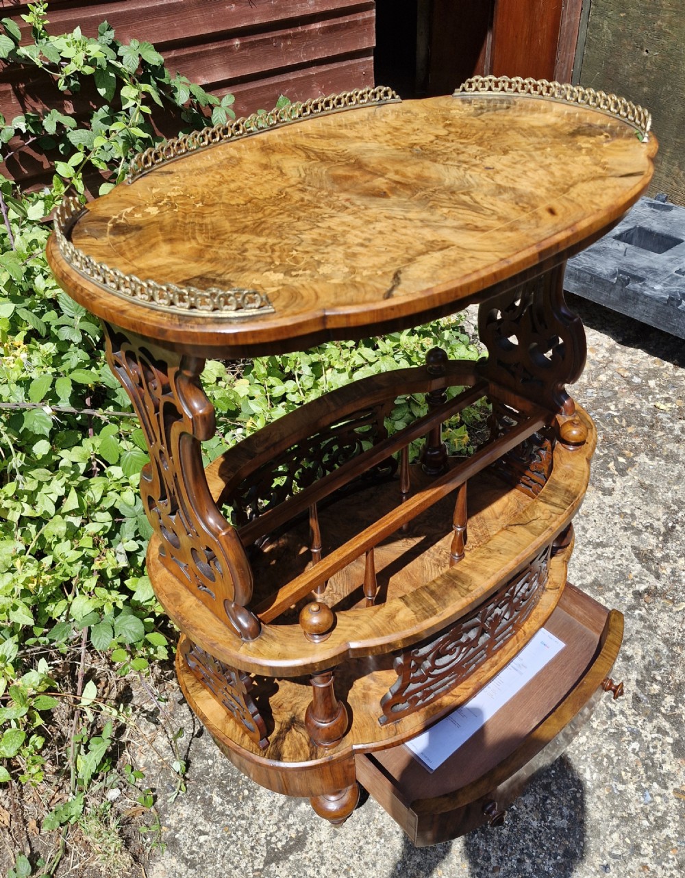Victorian burr walnut Canterbury. With maker's label. View II