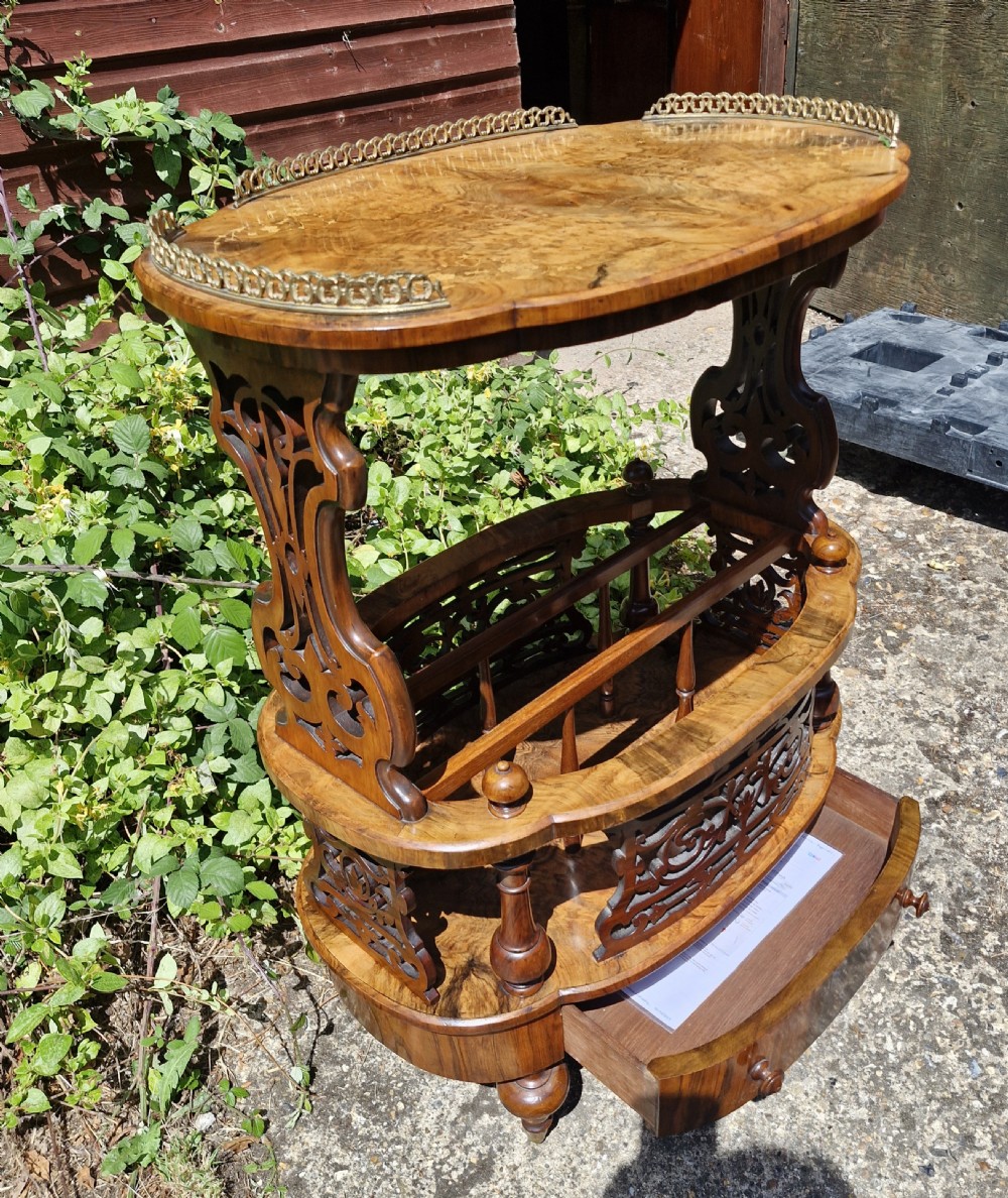 Victorian burr walnut Canterbury. With maker's label. View III