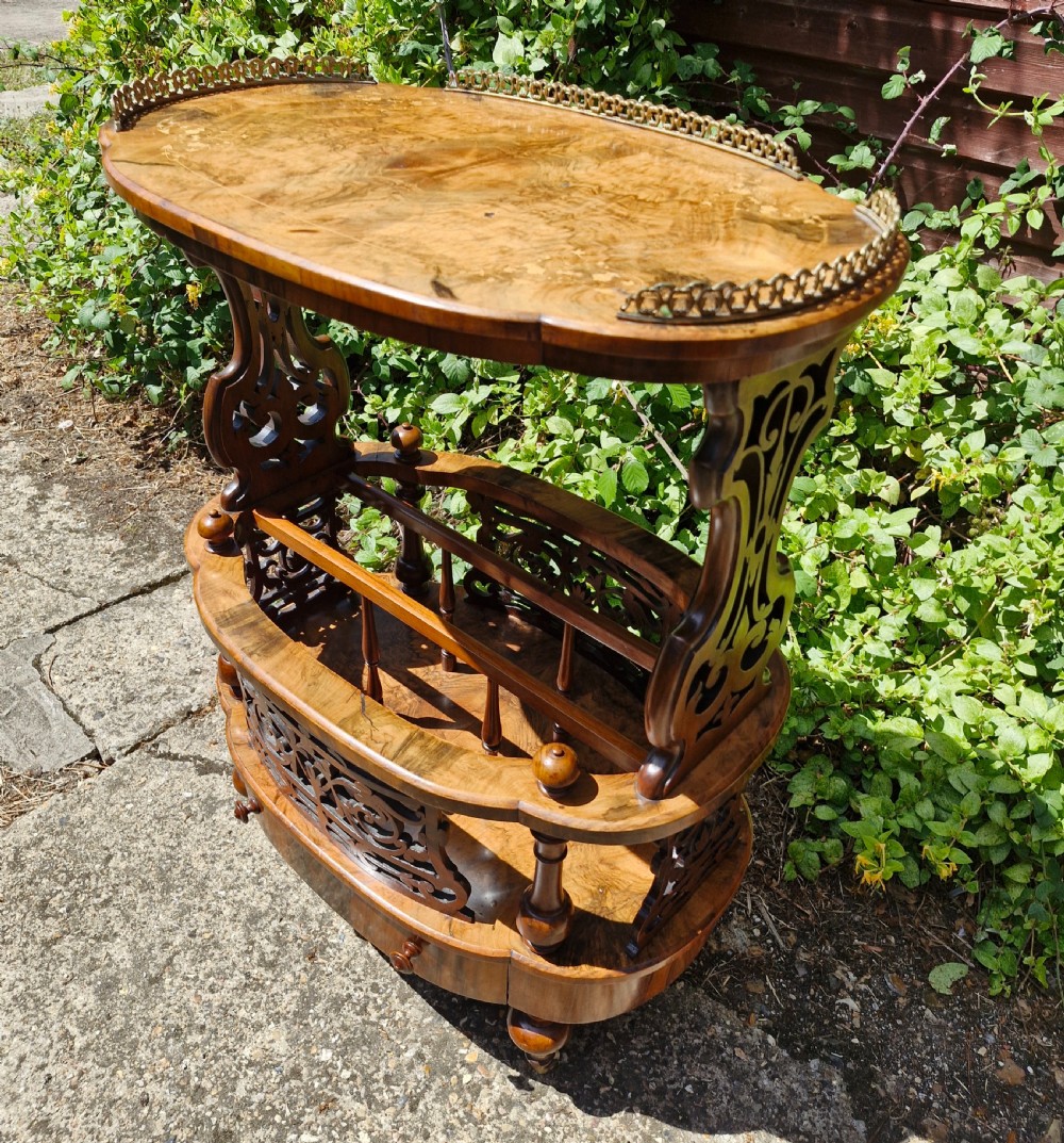 Victorian burr walnut Canterbury. With maker's label. View V