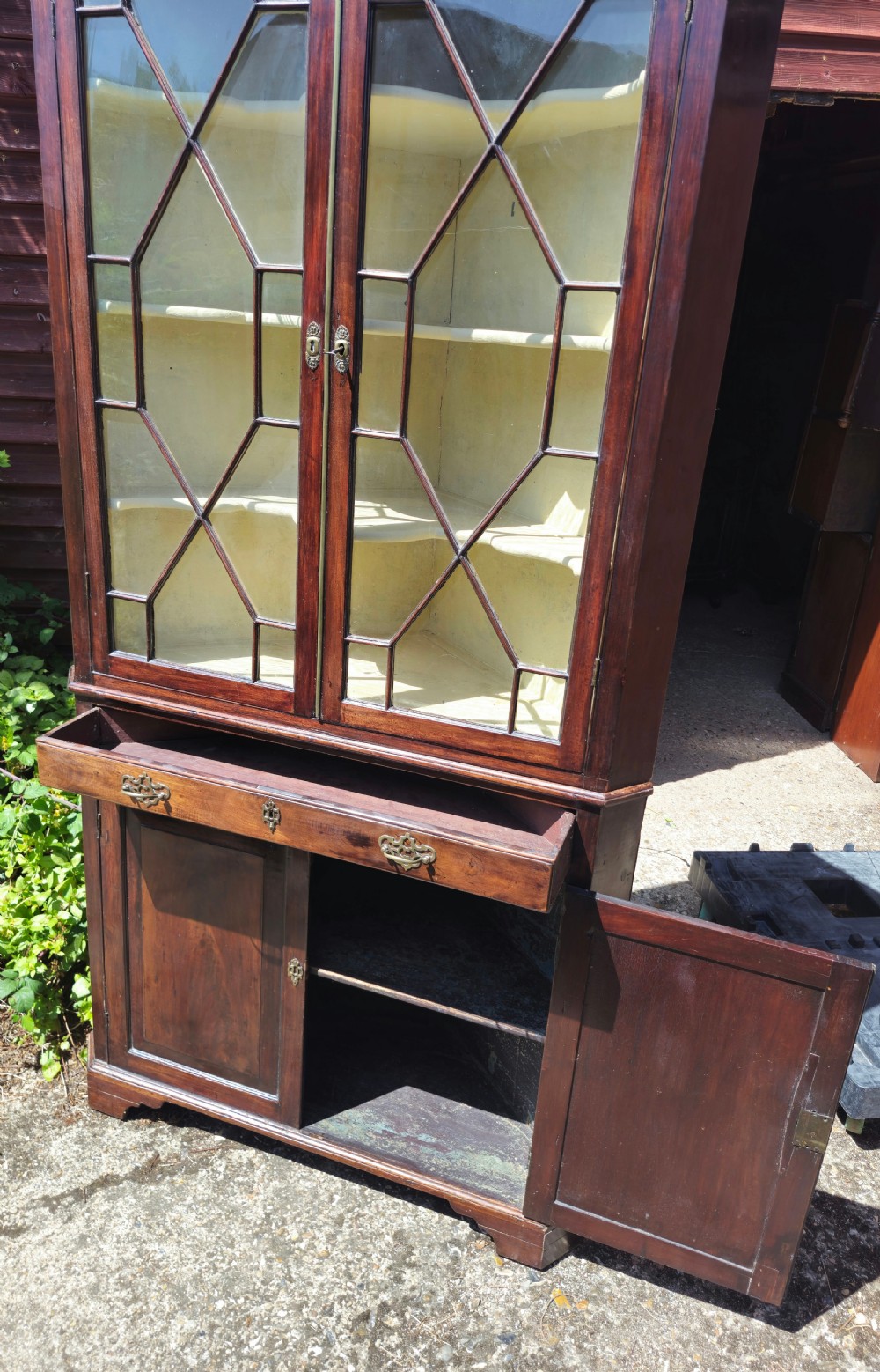 Early 19th century 2 part glazed corner cabinet.  View V