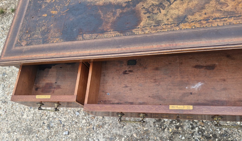 Edwardian inlaid mahogany kneehole pedestal writing desk.  View V