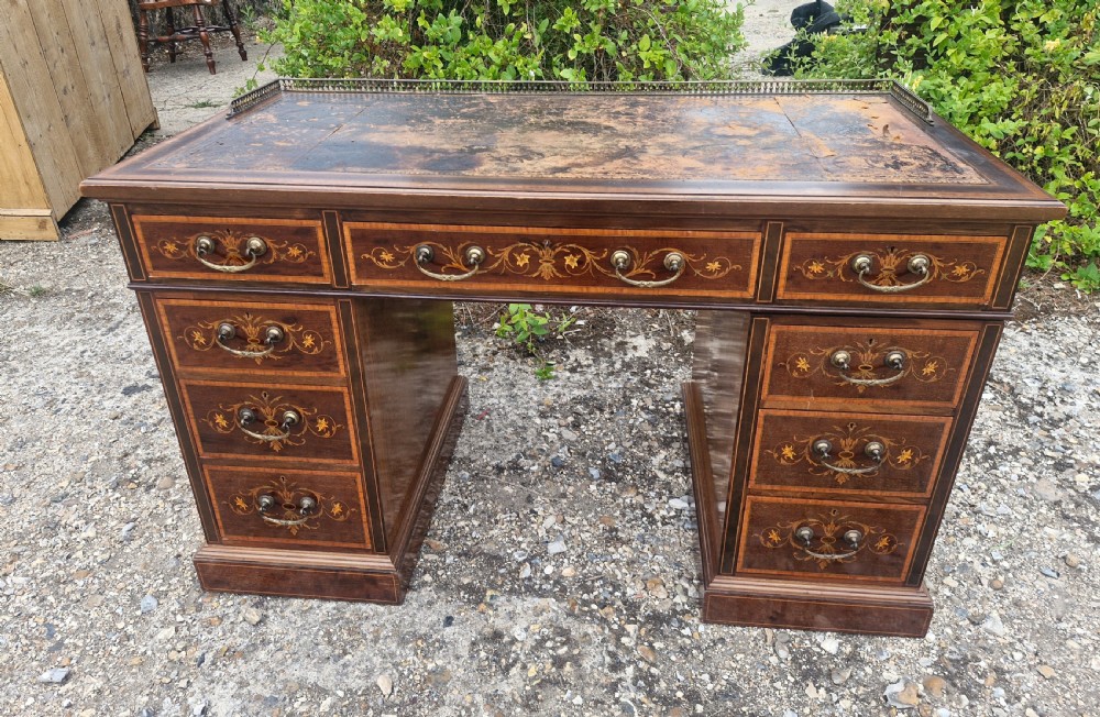 Edwardian inlaid mahogany kneehole pedestal writing desk.  View VI
