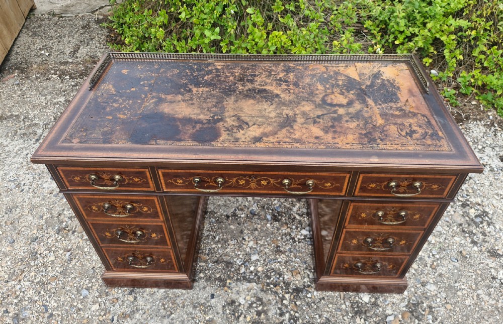 Edwardian inlaid mahogany kneehole pedestal writing desk.  View VII