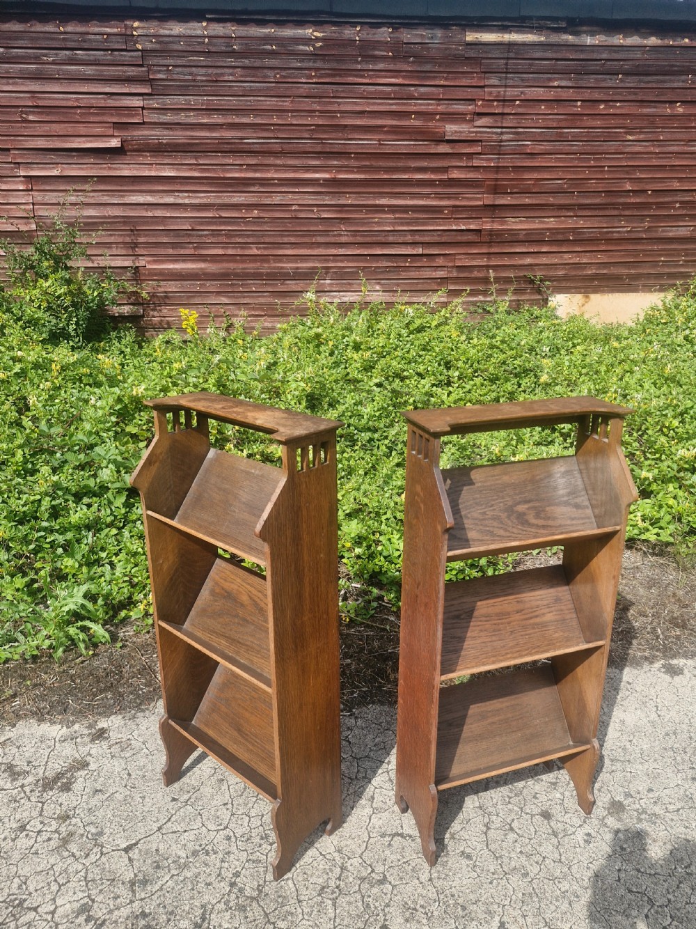 Pair of oak bookcase troughs Stamped with registration number, possibly Shapland and Petter.  View V