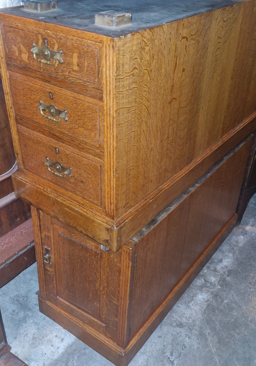 Edwardian oak pedestal partners desk. Stamped locks. View III