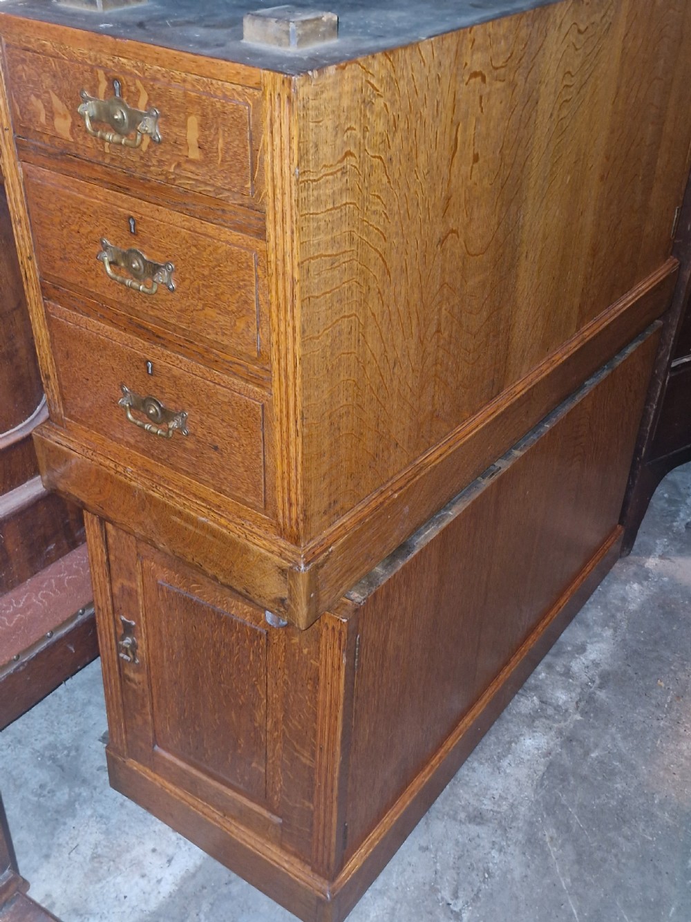 Edwardian oak pedestal partners desk. Stamped locks. View V