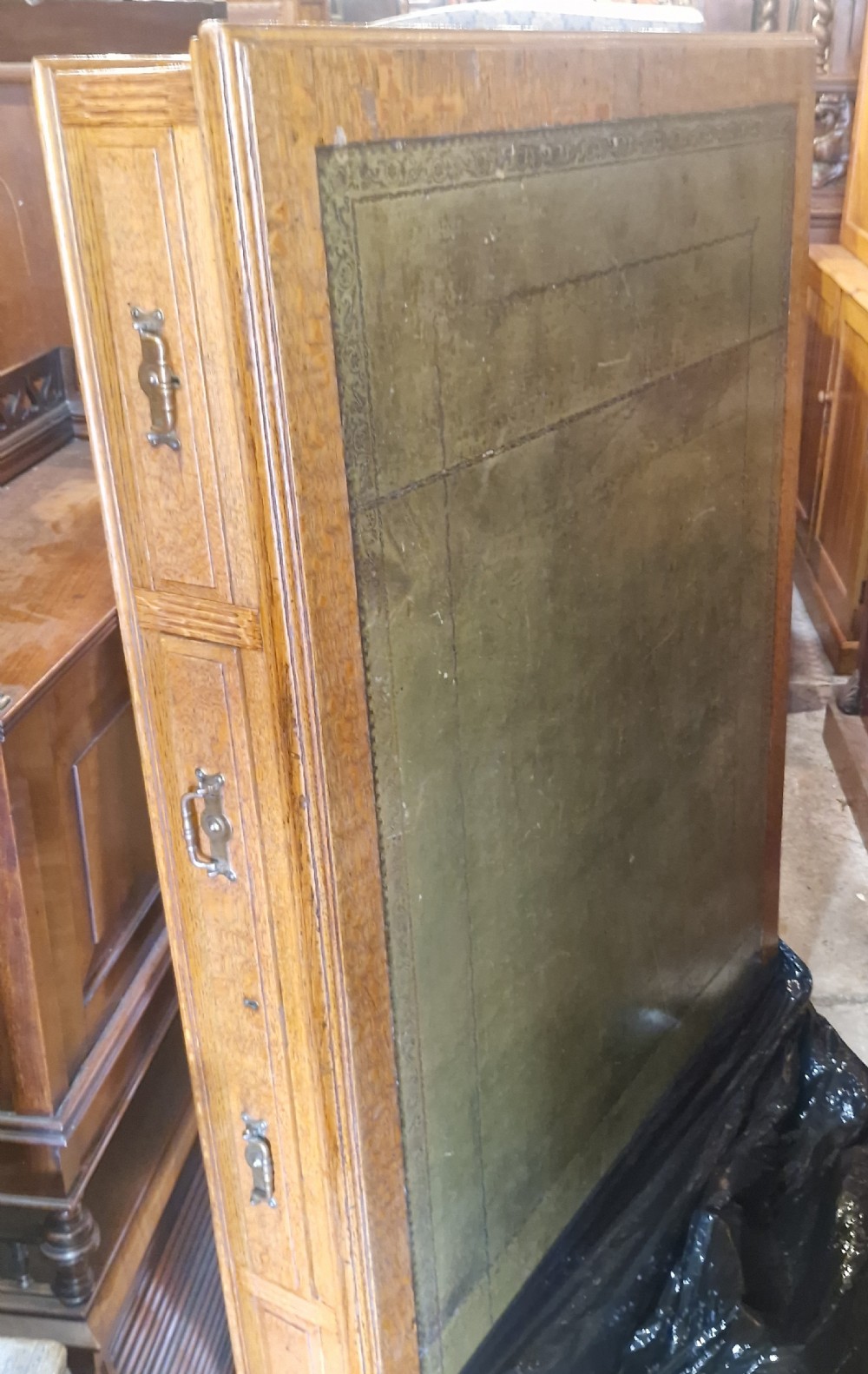 Edwardian oak pedestal partners desk. Stamped locks. View XI