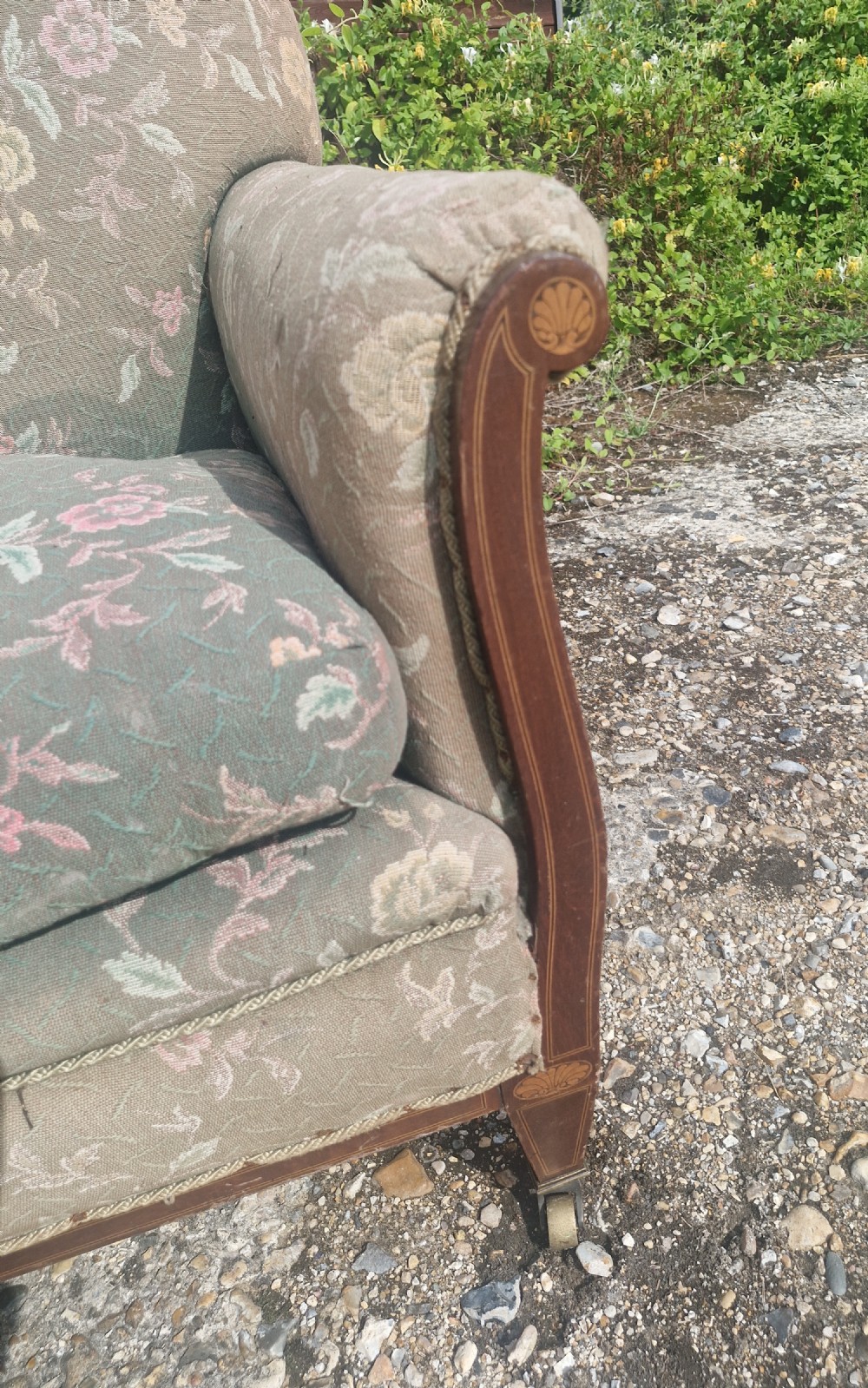 Small Edwardian inlaid mahogany cottage sofa. View II