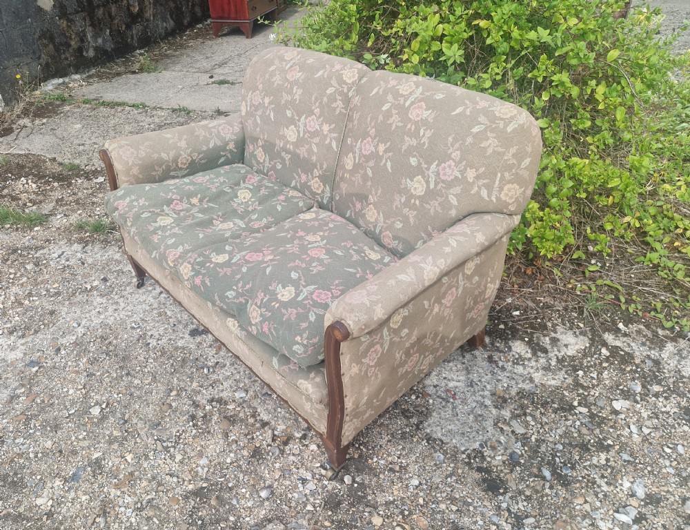 Small Edwardian inlaid mahogany cottage sofa. View IV