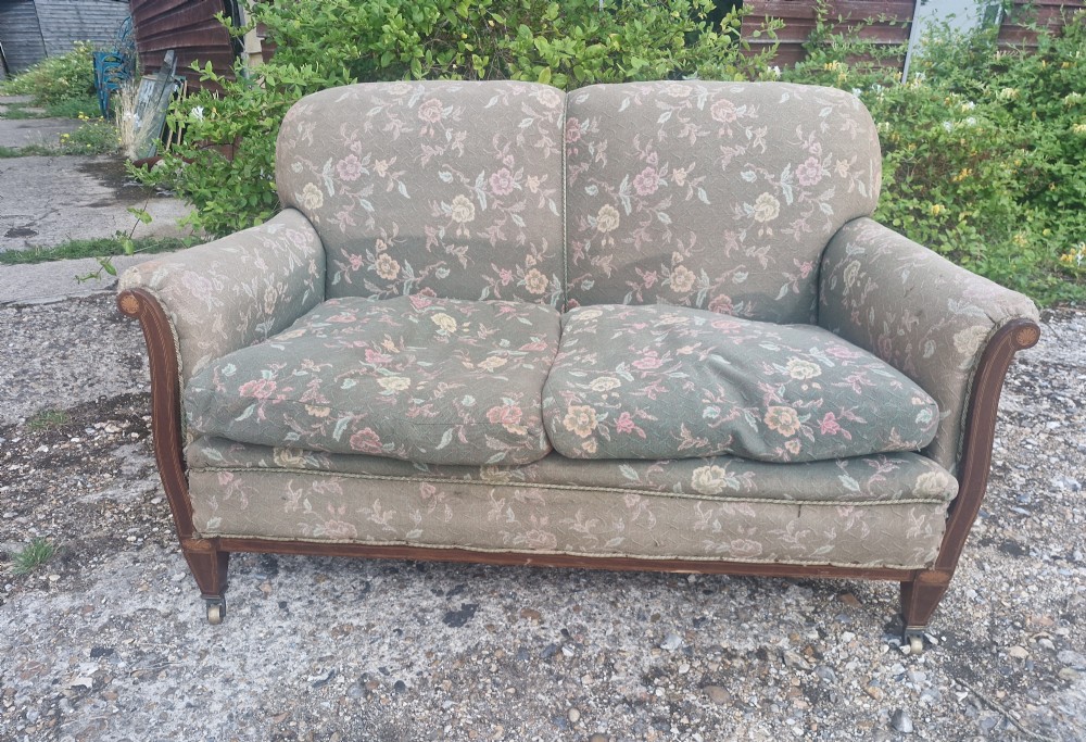 Small Edwardian inlaid mahogany cottage sofa. View V