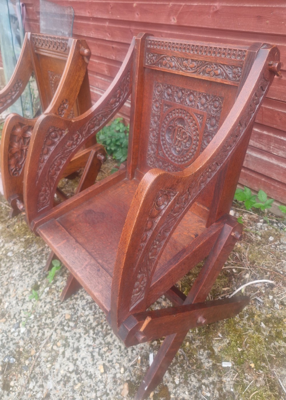 Matched pair of oak Glastonbury armchairs.  View IV