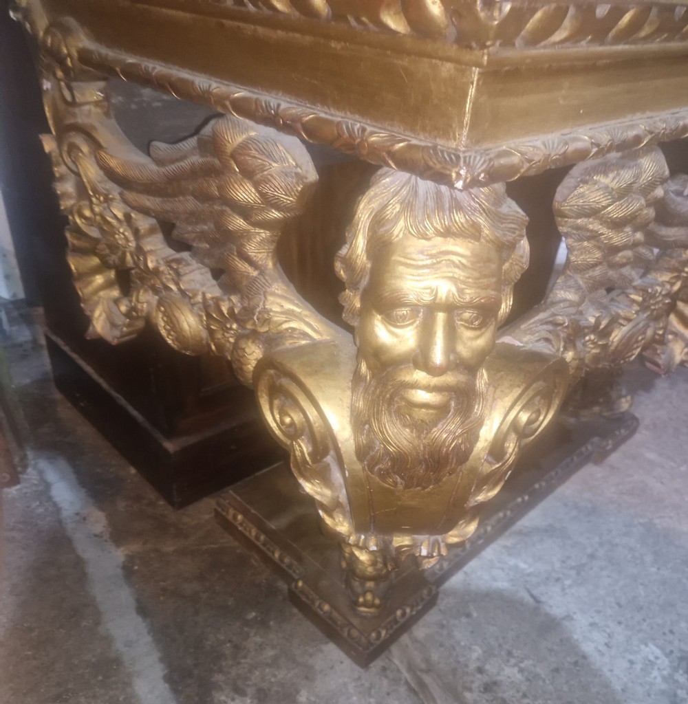 Ornate carved marble top gilt console table. View XI