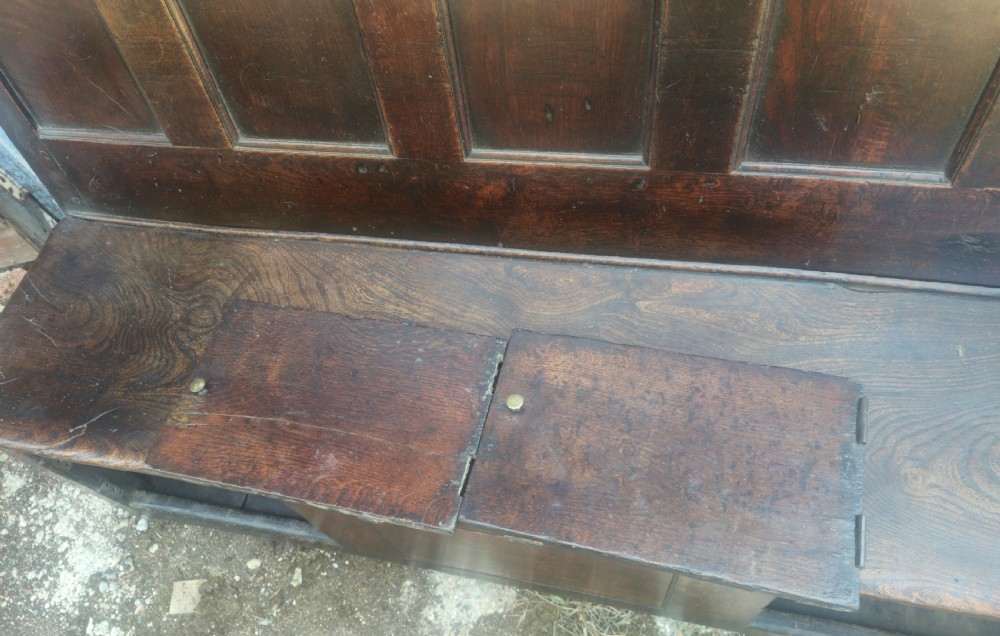 Georgian panelled oak Tavern settle.  View III