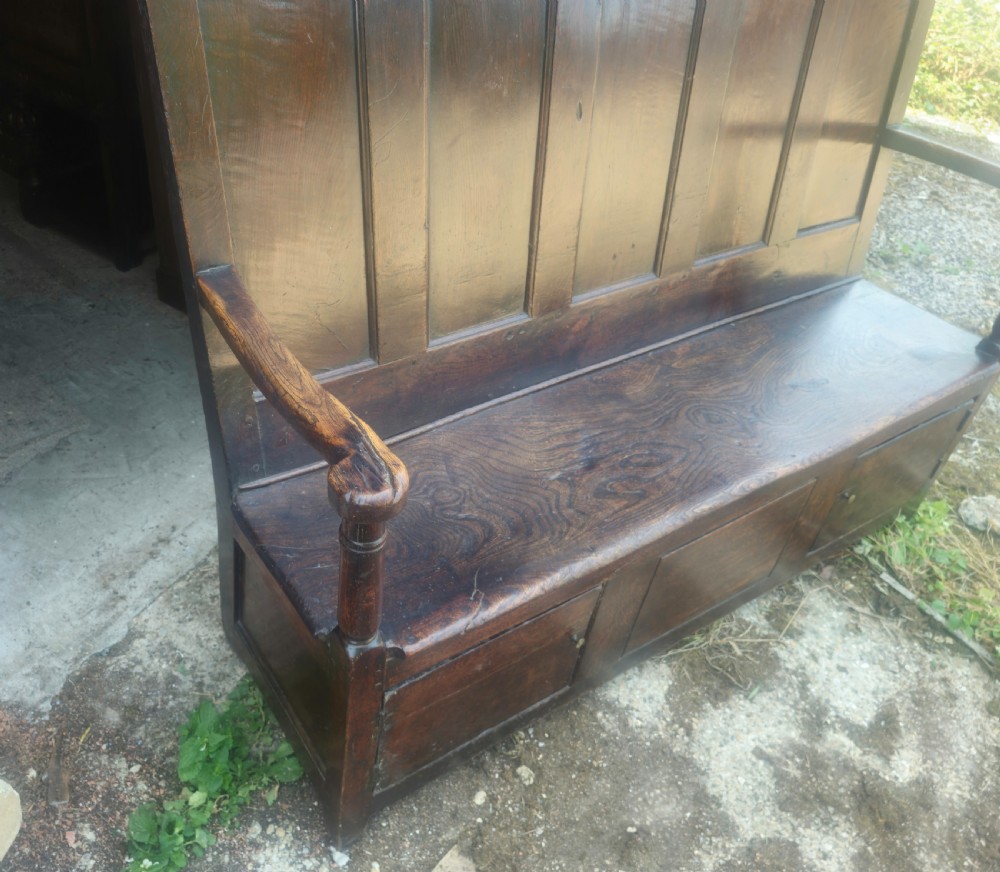 Georgian panelled oak Tavern settle.  View IX