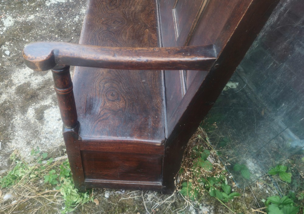 Georgian panelled oak Tavern settle.  View X