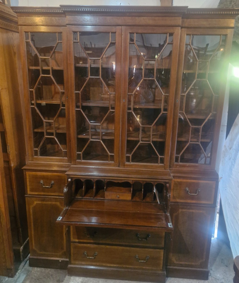Inlaid mahogany breakfront bookcase cabinet.  View II