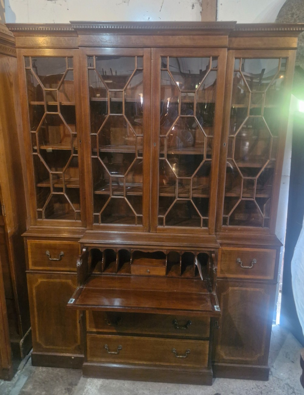 Inlaid mahogany breakfront bookcase cabinet.  View III