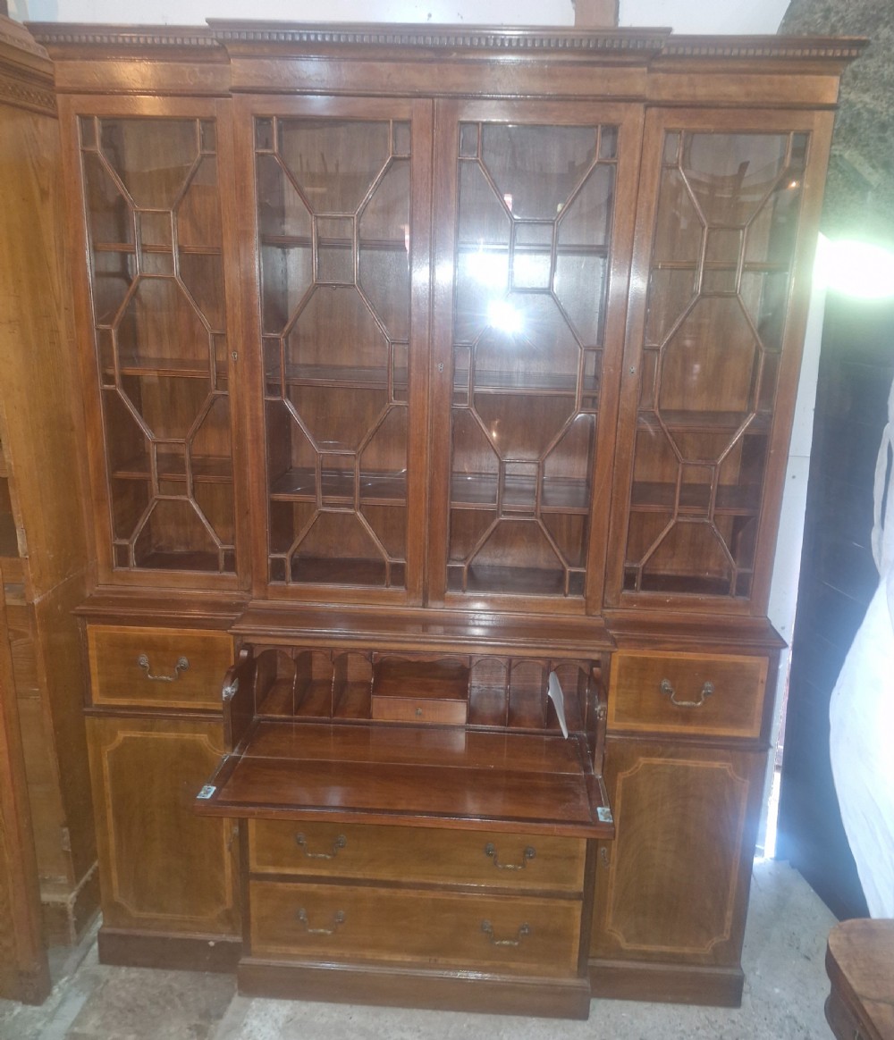 Inlaid mahogany breakfront bookcase cabinet.  View V
