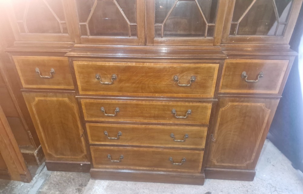 Inlaid mahogany breakfront bookcase cabinet.  View VI