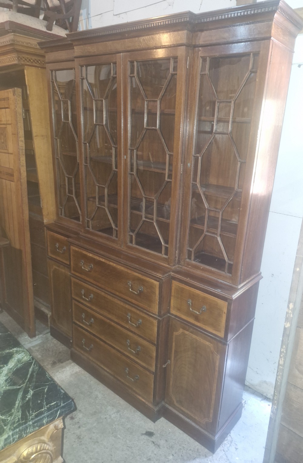 Inlaid mahogany breakfront bookcase cabinet.  View VII