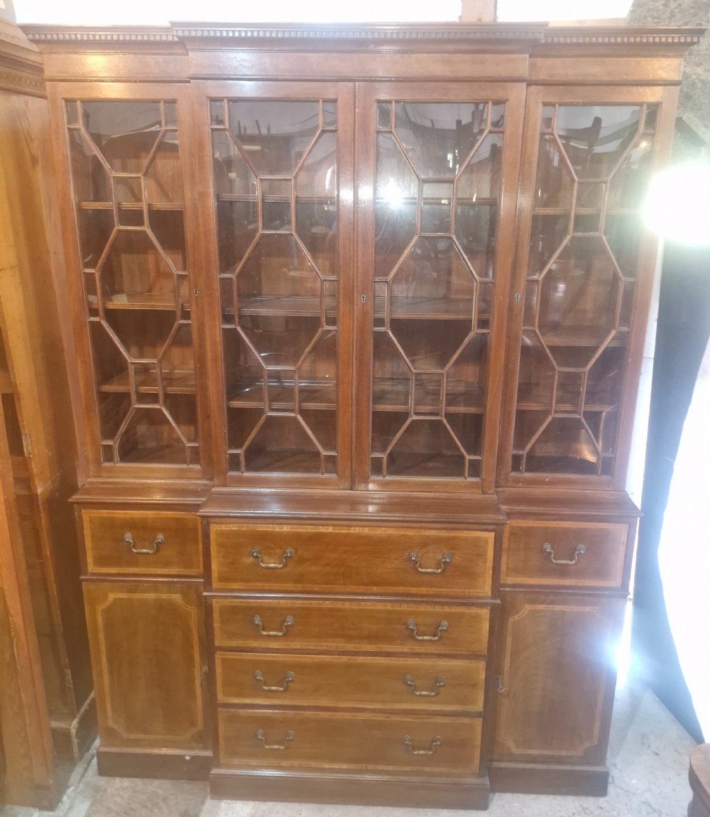 Inlaid mahogany breakfront bookcase cabinet.  View VIII