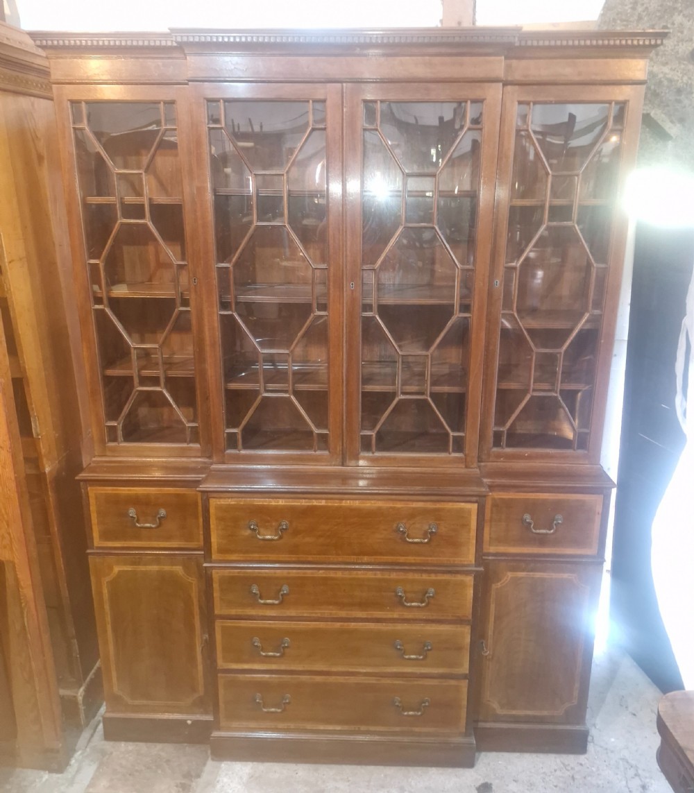 Inlaid mahogany breakfront bookcase cabinet.  View X
