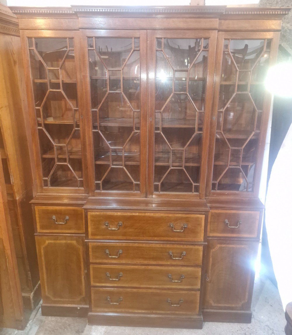 Inlaid mahogany breakfront bookcase cabinet.  View XI