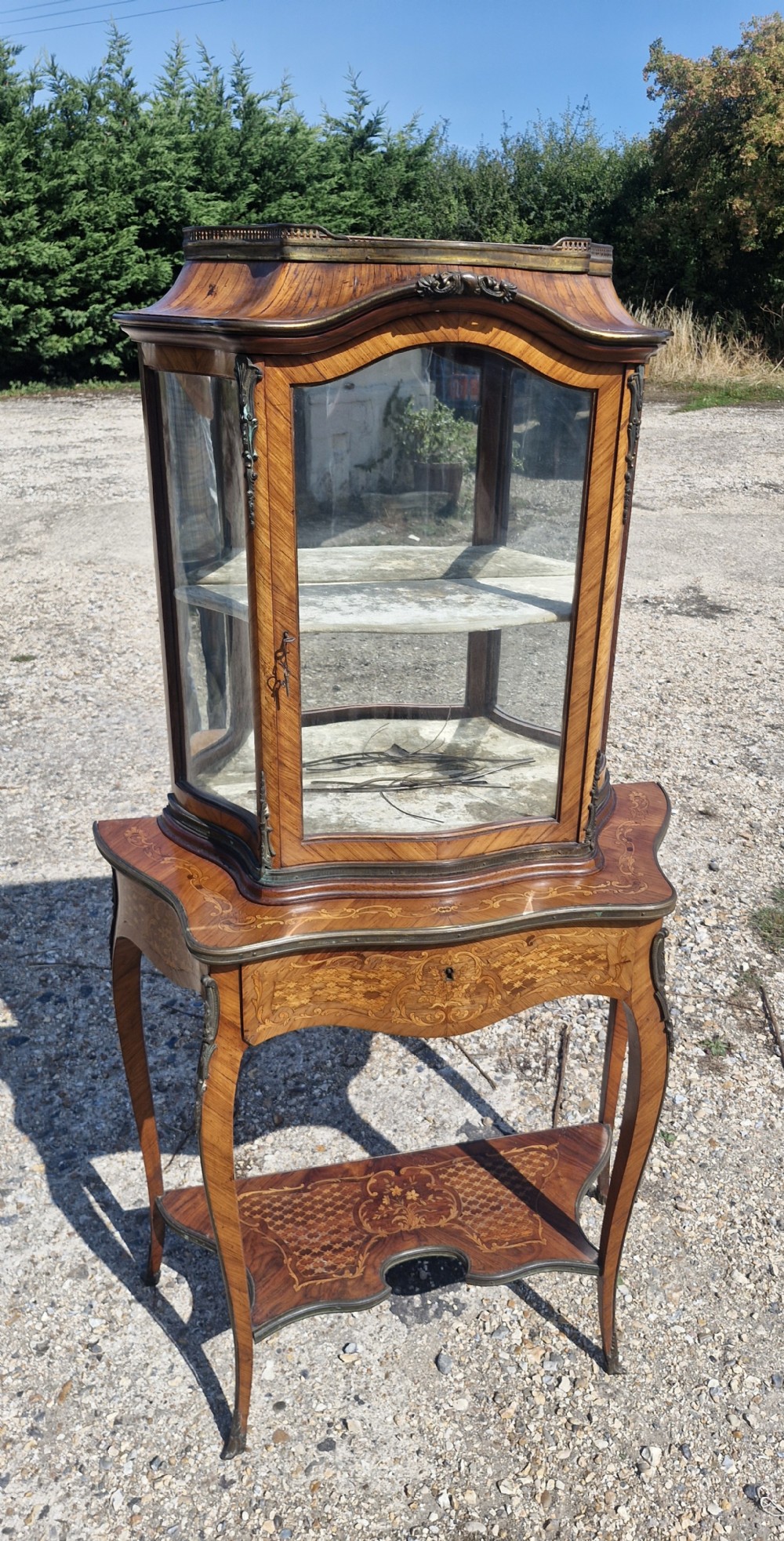 Good quality parquetry and inlaid display cabinet with writing drawer. 