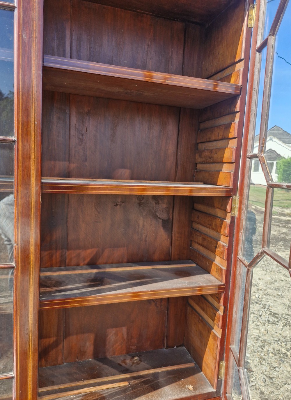 Edwardian inlaid mahogany bookcase cabinet.  View III