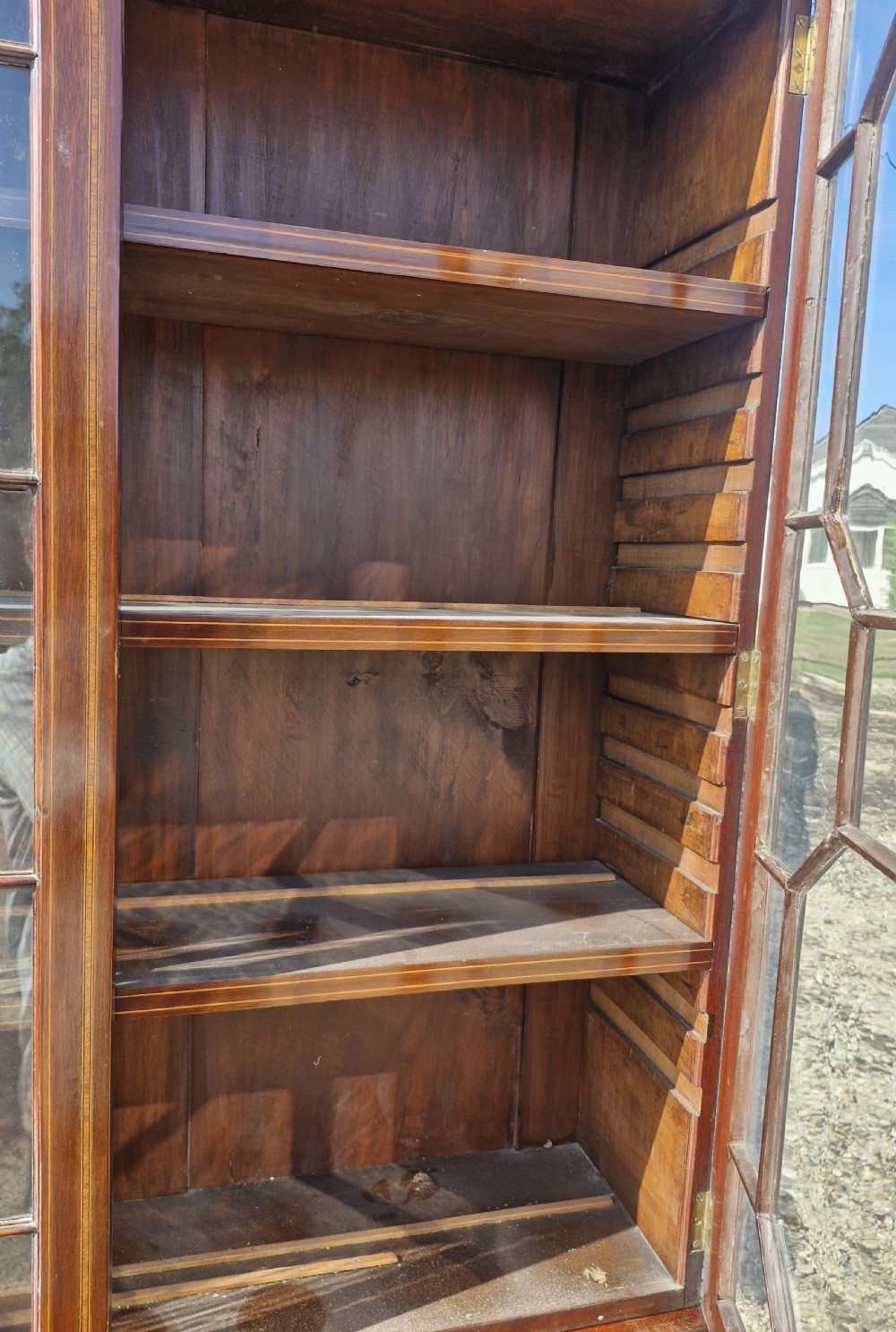 Edwardian inlaid mahogany bookcase cabinet.  View IV