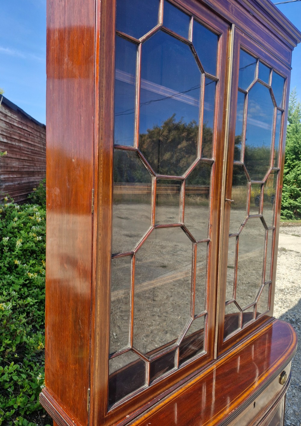 Edwardian inlaid mahogany bookcase cabinet.  View V
