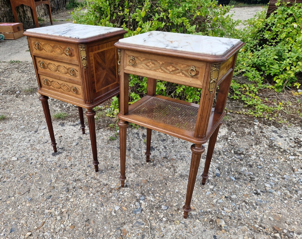 Pair of early 20th century inlaid mahogany marble top bedside cabinets.  View III