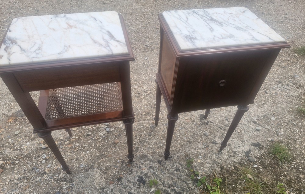 Pair of early 20th century inlaid mahogany marble top bedside cabinets.  View VI