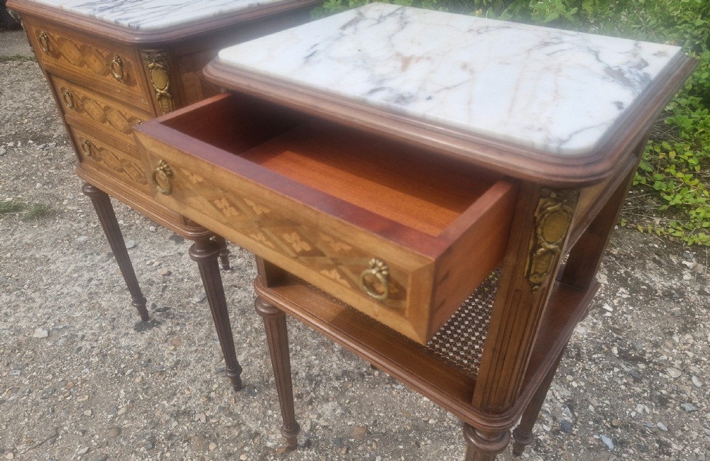 Pair of early 20th century inlaid mahogany marble top bedside cabinets.  View VIII