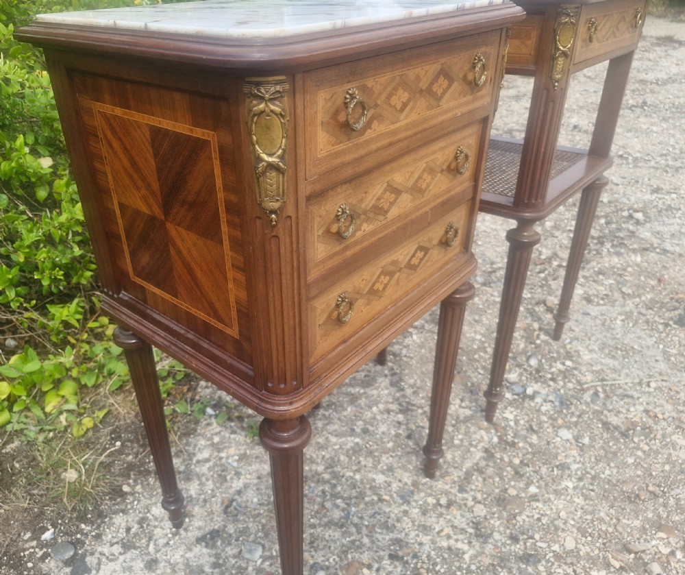 Pair of early 20th century inlaid mahogany marble top bedside cabinets.  View X