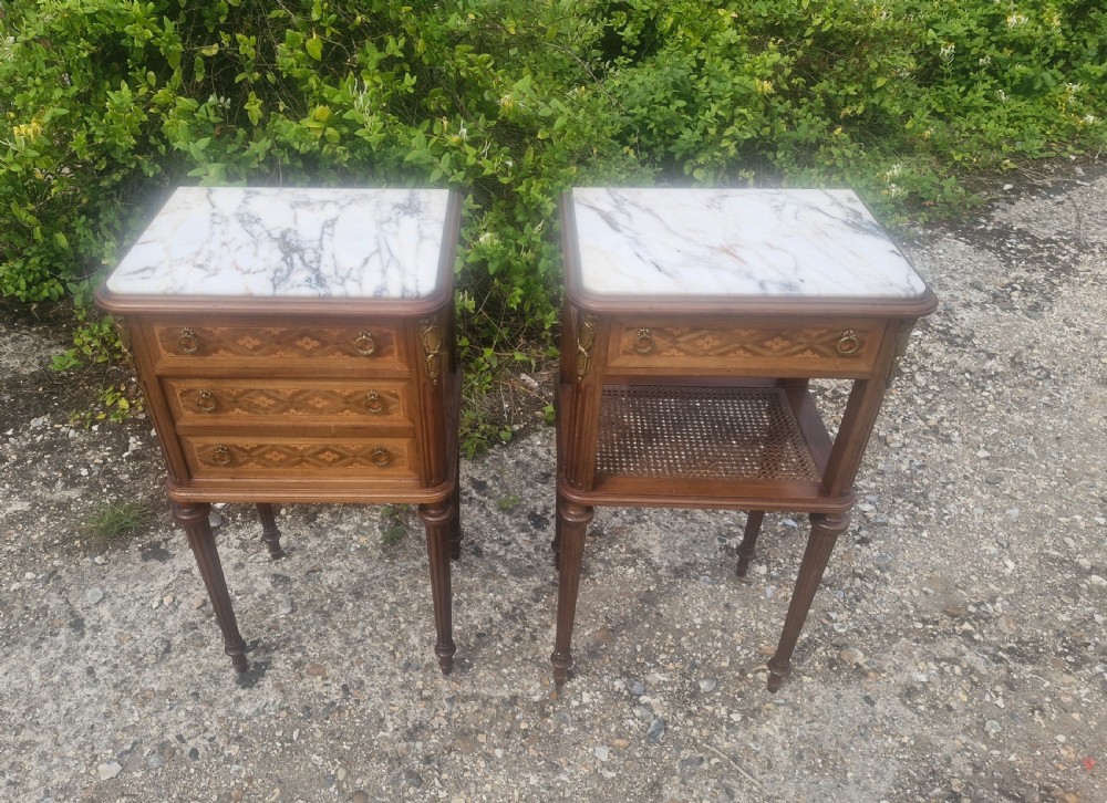 Pair of early 20th century inlaid mahogany marble top bedside cabinets.  View XII