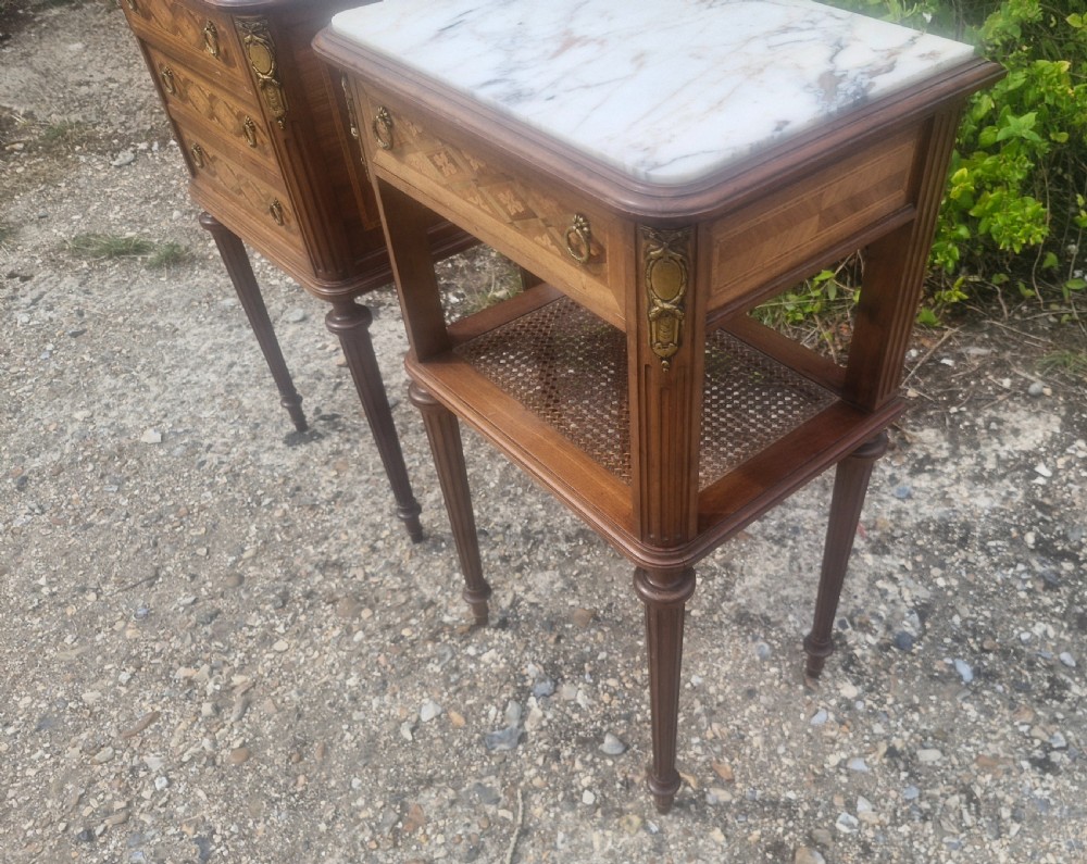 Pair of early 20th century inlaid mahogany marble top bedside cabinets.  View XIII