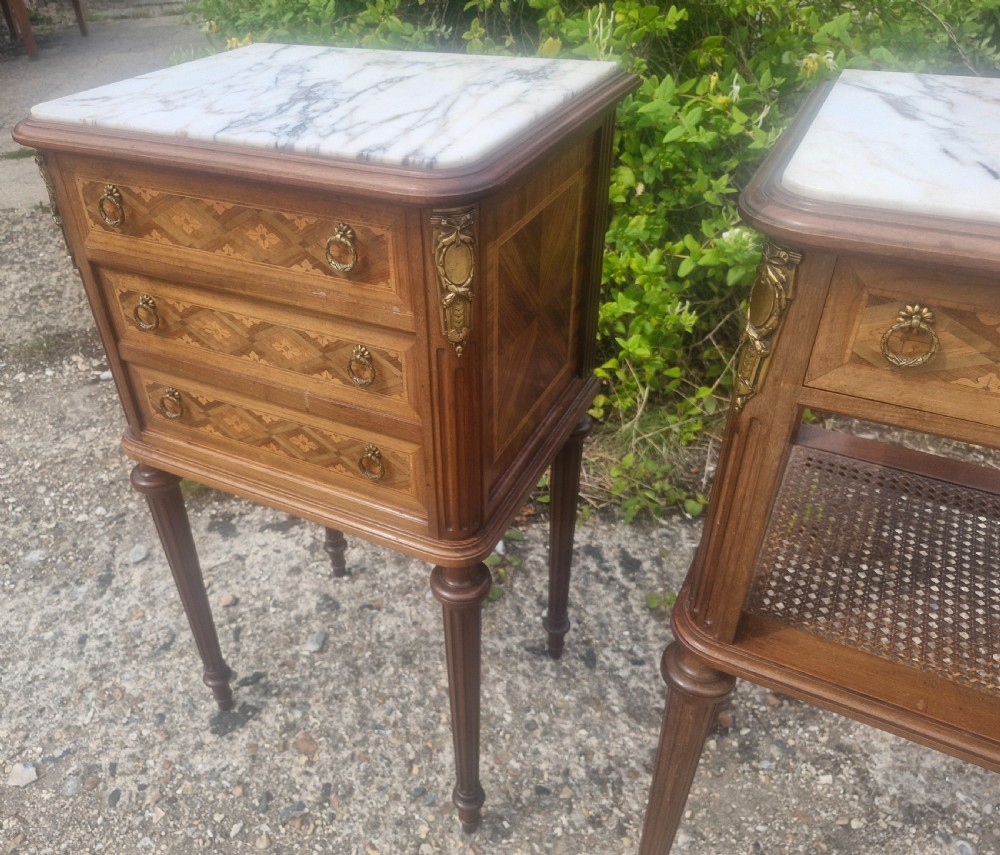Pair of early 20th century inlaid mahogany marble top bedside cabinets.  View XIV