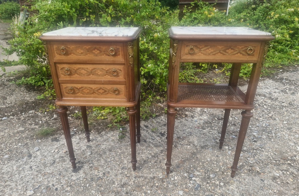 Pair of early 20th century inlaid mahogany marble top bedside cabinets.  View XV