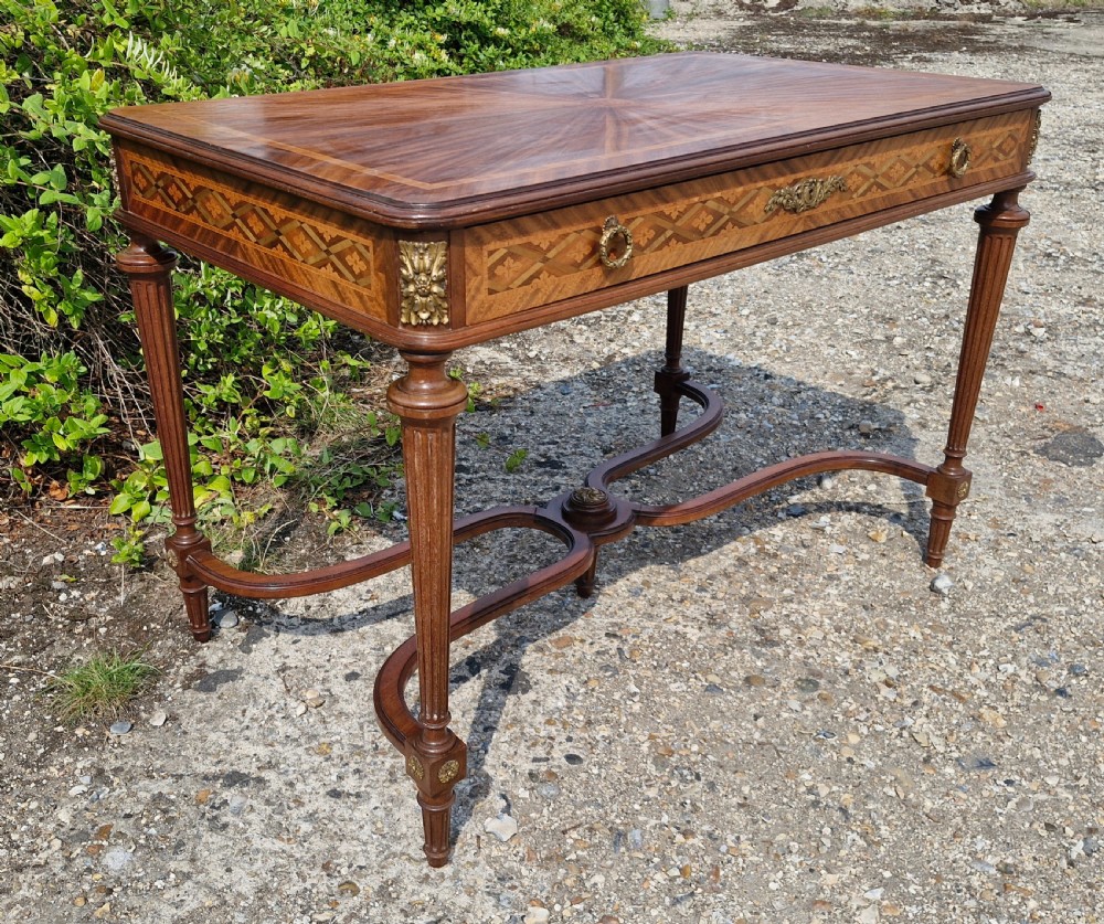 French inlaid mahogany free standing writing table.  View VII
