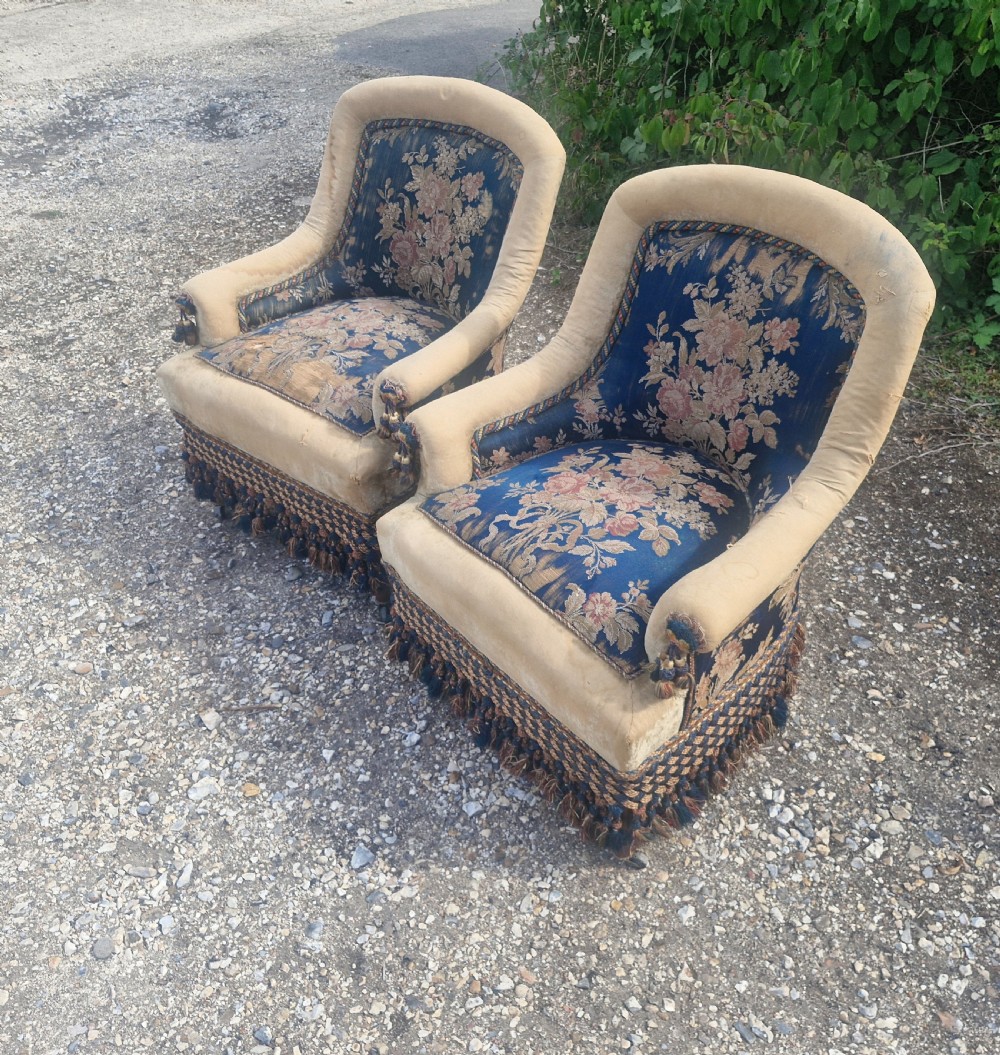 Pair of French mahogany frame upholstered armchairs.  View VI